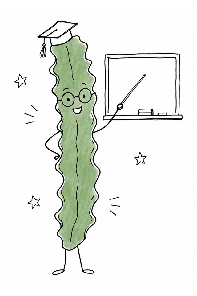 黒板の前で指し棒を持つ昆布先生のイラスト
